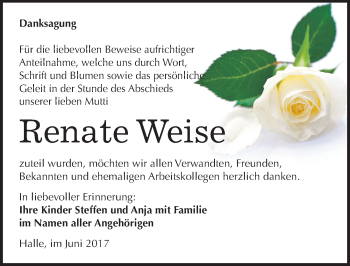 Traueranzeige von Renate Weise von Mitteldeutsche Zeitung Halle/Saalkreis