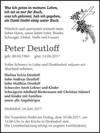 Traueranzeige von Peter Deutloff von Super Sonntag Aschersleben