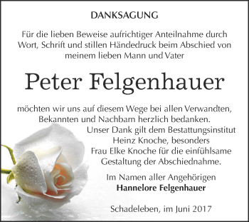 Traueranzeige von Peter Felgenhauer von Super Sonntag Aschersleben