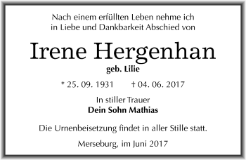 Traueranzeige von Irene Hergenhan von Mitteldeutsche Zeitung Merseburg/Querfurt