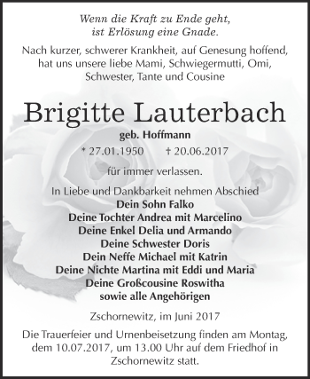 Traueranzeige von Brigitte Lauterbach von WVG - Wochenspiegel Wittenberg
