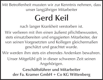 Traueranzeige von Gerd Keil von WVG - Wochenspiegel Wittenberg