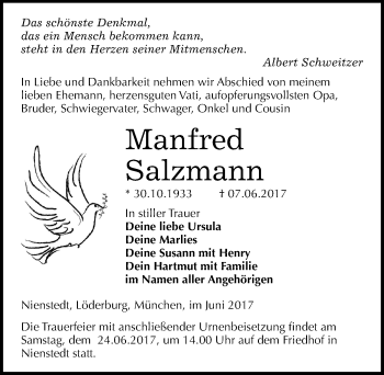 Traueranzeige von Manfred Salzmann von Mitteldeutsche Zeitung Sangerhausen