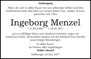 Traueranzeige von Ingeborg Menzel von Mitteldeutsche Zeitung Wittenberg
