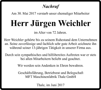 Traueranzeige von Jürgen Weichler von Super Sonntag Quedlinburg