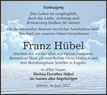 Traueranzeige von Franz Hübel von WVG - Wochenspiegel Bitterfeld