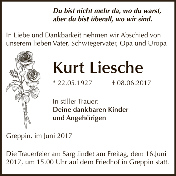 Traueranzeige von Kurt Liesche von WVG - Wochenspiegel Dessau / Köthen