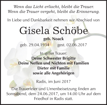 Traueranzeige von Gisela Schöbe von Mitteldeutsche Zeitung Wittenberg