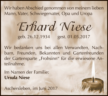 Traueranzeige von Erhard Niese von Super Sonntag Aschersleben
