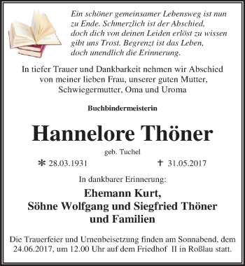 Traueranzeige von Hannelore Thöner von Mitteldeutsche Zeitung Dessau-Roßlau