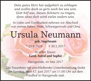Traueranzeige von Ursula Neumann von WVG - Wochenspiegel Quedlinburg