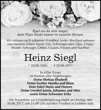 Traueranzeige von Heinz Siegl von Mitteldeutsche Zeitung Mansfelder Land