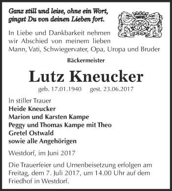 Traueranzeige von Lutz Kneucker von Super Sonntag Aschersleben