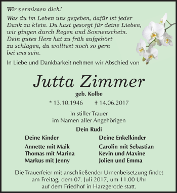 Traueranzeige von Jutta Zimmer von Mitteldeutsche Zeitung Quedlinburg