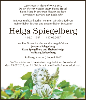 Traueranzeige von Helga Spiegelberg von Super Sonntag SGH Mansf. Land