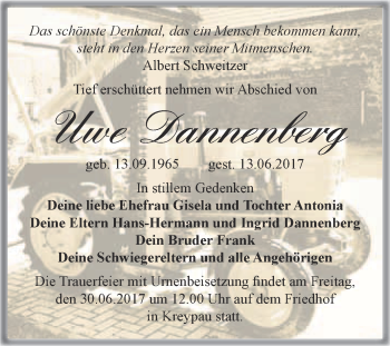 Traueranzeige von Uwe Dannenberg von Super Sonntag Merseburg