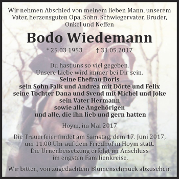 Traueranzeige von Bodo Wiedemann von Super Sonntag Aschersleben