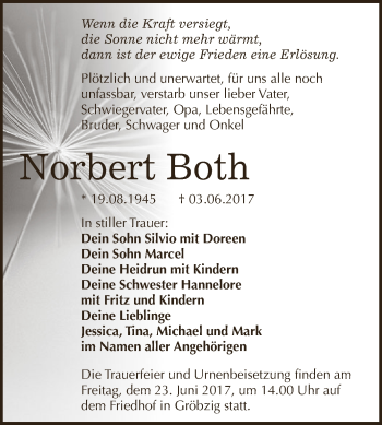 Traueranzeige von Norbert Both von WVG - Wochenspiegel Dessau / Köthen