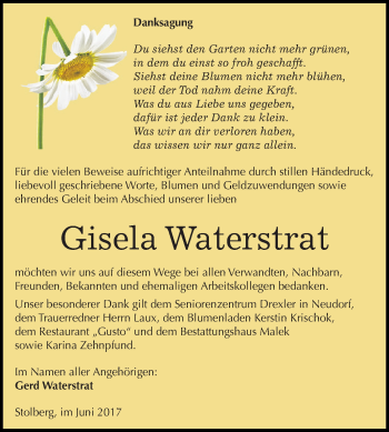 Traueranzeige von Gisela Waterstrat von Super Sonntag SGH Mansf. Land