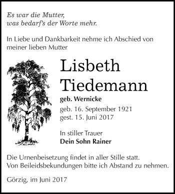 Traueranzeige von Lisbeth Tiedemann von WVG - Wochenspiegel Dessau / Köthen
