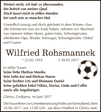 Traueranzeige von Wilfried Rohsmannek von WVG - Wochenspiegel NMB / WSF / ZTZ
