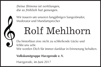 Traueranzeige von Rolf Mehlhorn von WVG - Wochenspiegel Quedlinburg