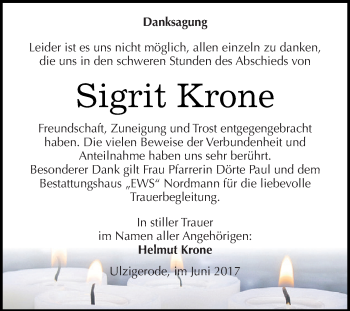Traueranzeige von Sigrit Krone von Super Sonntag SGH Mansf. Land
