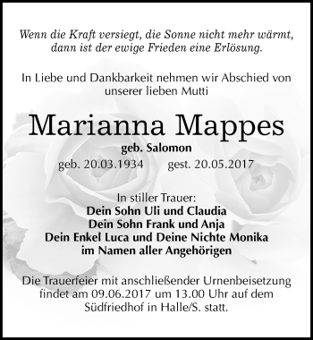 Traueranzeige von Marianna Mappes von Mitteldeutsche Zeitung Halle/Saalkreis