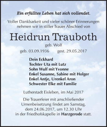 Traueranzeige von Heidrun Trauboth von Mitteldeutsche Zeitung Mansfelder Land