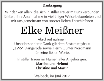 Traueranzeige von Elke Meißner von Wochenspiegel Mansfelder Land