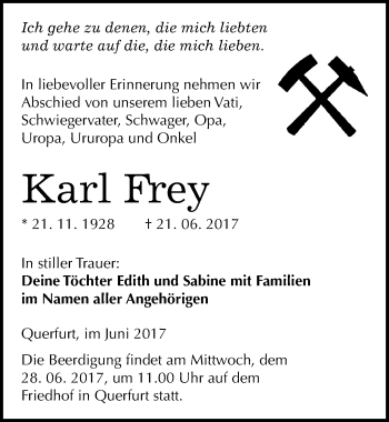 Traueranzeige von Karl Frey von Mitteldeutsche Zeitung Merseburg/Querfurt