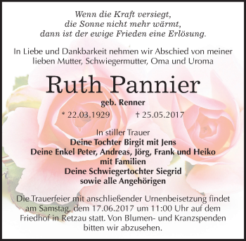 Traueranzeige von Ruth Pannier von Mitteldeutsche Zeitung Bitterfeld