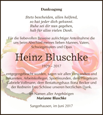 Traueranzeige von Heinz Bluschke von Super Sonntag SGH Mansf. Land