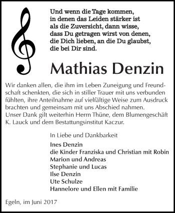 Traueranzeige von Mathias Denzin von WVG - Wochenspiegel Quedlinburg