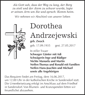 Traueranzeige von Dorothea Andrzejewski von WVG - Wochenspiegel Bitterfeld