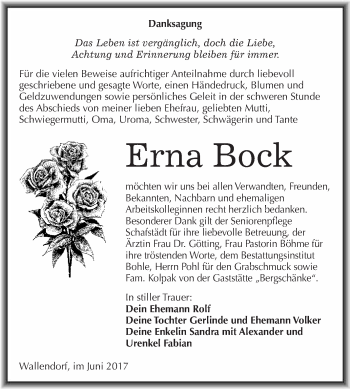 Traueranzeige von Erna Bock von WVG - Wochenspiegel Merseburg