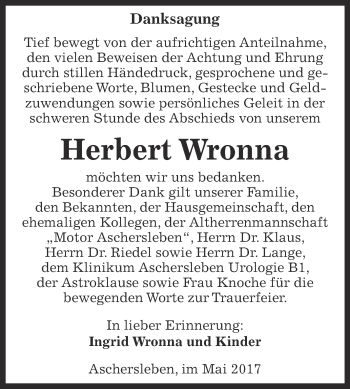 Traueranzeige von Herbert Wronna von Super Sonntag Aschersleben
