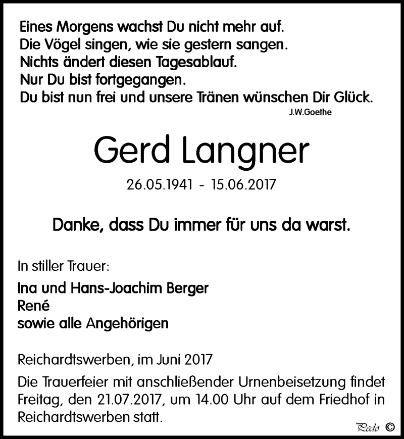  Traueranzeige für Gerd Langner vom 24.06.2017 aus Mitteldeutsche Zeitung Weißenfels