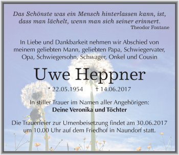 Traueranzeige von Uwe Heppner von Mitteldeutsche Zeitung Halle/Saalkreis