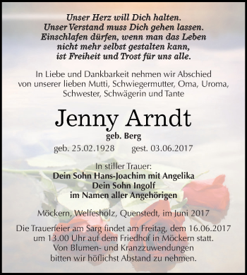 Traueranzeige von Jenny Arndt von Wochenspiegel Mansfelder Land