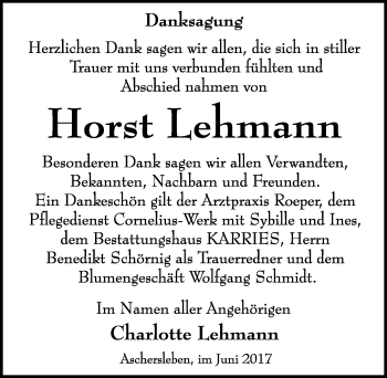 Traueranzeige von Horst Lehmann von Mitteldeutsche Zeitung Aschersleben