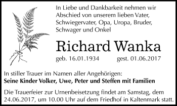 Traueranzeige von Richard Wanka von Mitteldeutsche Zeitung Halle/Saalkreis