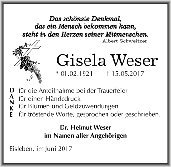 Traueranzeige von Gisela Weser von Mitteldeutsche Zeitung Mansfelder Land