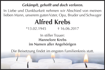 Traueranzeige von Alfred Krebs von WVG - Wochenspiegel Dessau / Köthen