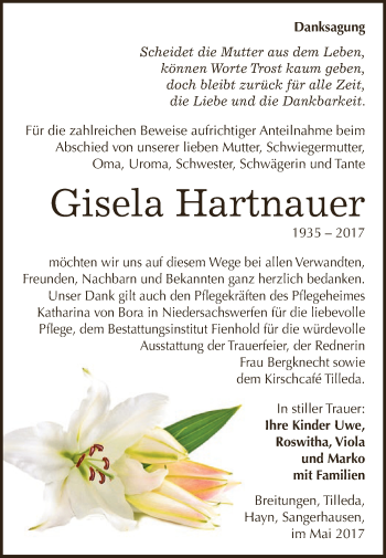 Traueranzeige von Gisela Hartnauer von Super Sonntag SGH Mansf. Land