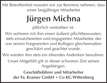Traueranzeige von Jürgen Michna von WVG - Wochenspiegel Wittenberg