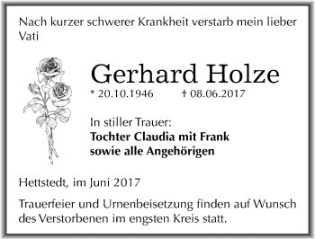 Traueranzeige von Gerhard Holze von Mitteldeutsche Zeitung Mansfelder Land