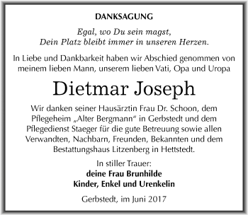 Traueranzeige von Dietmar Joseph von Mitteldeutsche Zeitung Mansfelder Land