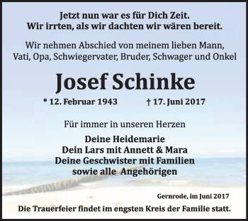 Traueranzeige von Josef Schinke von WVG - Wochenspiegel Quedlinburg