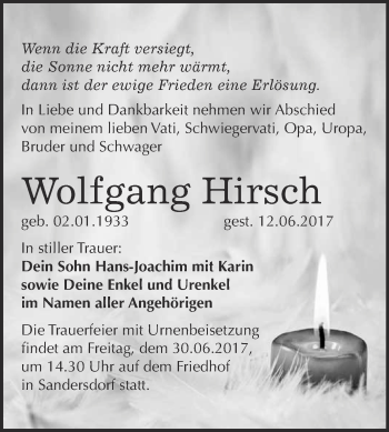 Traueranzeige von Wolfgang Hirsch von WVG - Wochenspiegel Bitterfeld